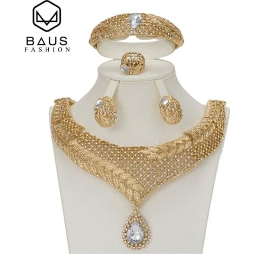 BAUS Fashion African crystal jewelry assembly Dubai Gold Color Women Wedding Necklace Bangle Earring Ring Party Accessories