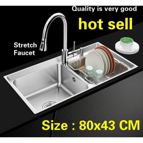 Free shipping Standard stretch faucet kitchen double groove sink fashion 304 food grade stainless steel hot sell big 81x44 CM