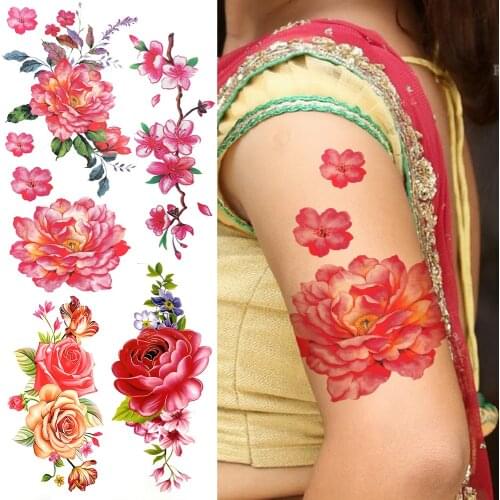 Large Realistic Peony Flower Temporary Tattoo For Women Girl Rose Dahlia Daffodil Fake Tattoo Sticker Arm Water Transfer Tatoos