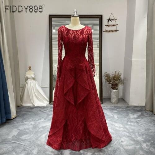 Wine Red Lace Formal Dresses For Women Long Sleeves Beaded Evening Gowns 2021 New Stock Night Party Wear Vestidos Formales