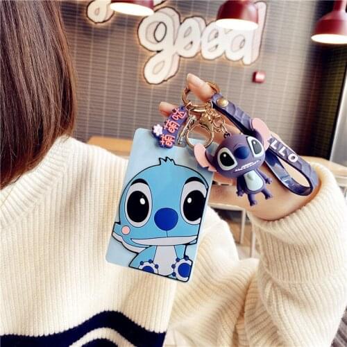 Disney Lilo and Stitch Anime Figure Card Holder Girls Boy Bus Card Cover Mickey Cartoon Model Doll Pendant ID Campus Card Holder