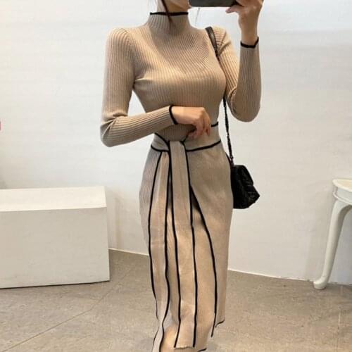 French Elegant Long Sleeve Knitted Dresses Female 2021 Autumn Winter New Cashmere Lace Waist Thick Warm Knitted Sweater Dresses