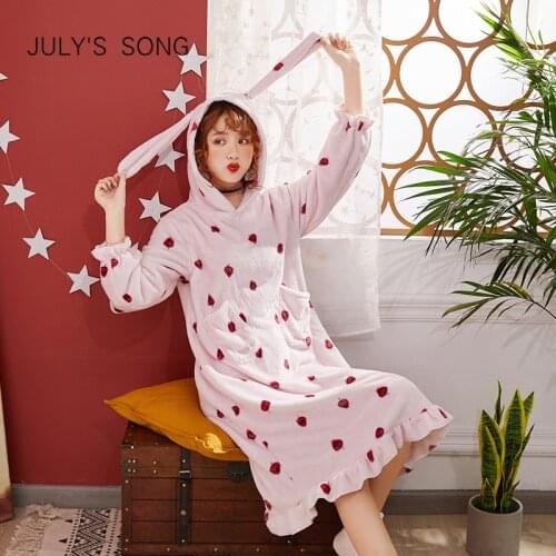 JULYS SONG Autumn & Winter Flannel Nightdress Cute Rabbit Ears Long-sleeved Hooded Robe Female Homewear Thick Warm Sleepwear