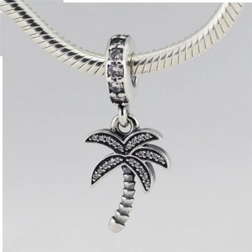 Summer Palm Tree Silver Charms for Women Bracelets & Bangles Clear CZ Crystal 925 Sterling Silver Jewelry DIY Charm Making