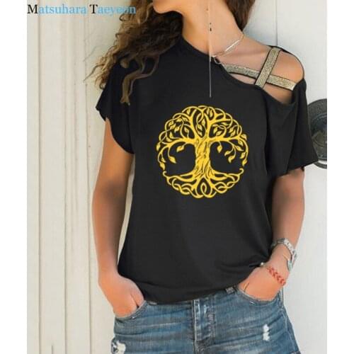 Mandala Circle Trees T Shirt Causal Women TShirt Short Sleeve Female Tree T-shirts Fashion Irregular Skew Cross Bandage Tees Top