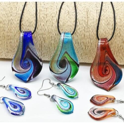 Fashion 3set Glass Murano Floral Leaf Shape Pendant Necklace Earrings Jewelry Set Free Shipping