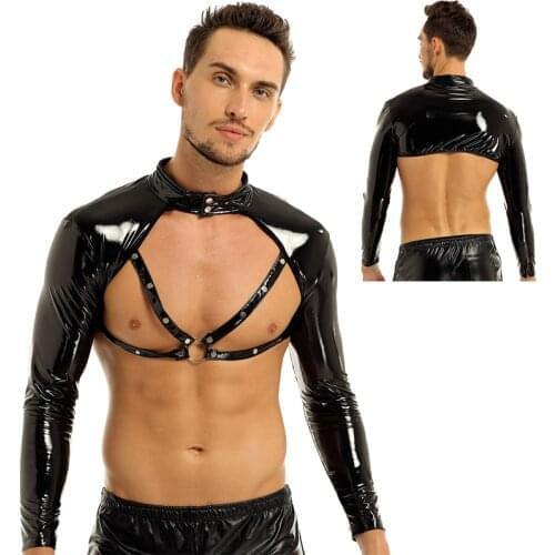 Mens Wetlook Faux Leather Long Sleeve Stand Collar Studded Muscle O Ring Front Half Tank Top Clubwear Stage Costume Latex Tops