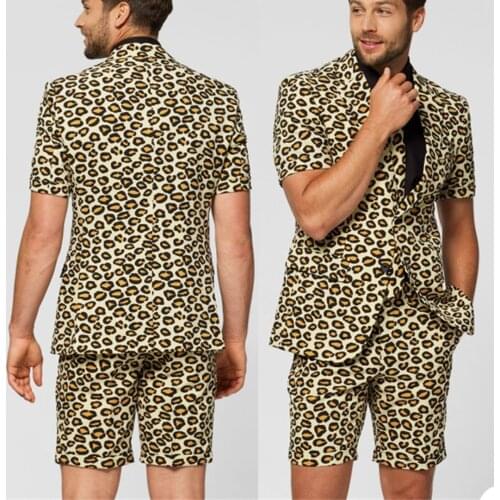 Hot Leopard Short Mens Tuxedos Summer Beach Groom Men Wear Wedding Blazer Trousers Suits Business Prom Party (Jacket+Pants)