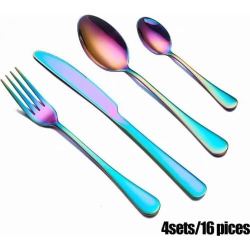 Spklifey Dinnerware Set Stainless Steel 16Pcs/set Rainbow Cutlery Set Knife Fork Set Flatware Tableware Silverware Drop Shipping