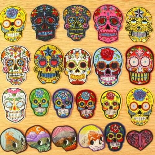 Hook Loop Patch Skull Stripes Iron On Patches For Clothing Hippie Patches On Clothes Skull Embroidered Badges Appliques Patches