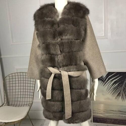 Women Coat Jacket With Natural Fox Fur Trim Wool Blend Luxury Outwear Autumn Fashion Belt Long Style Customize