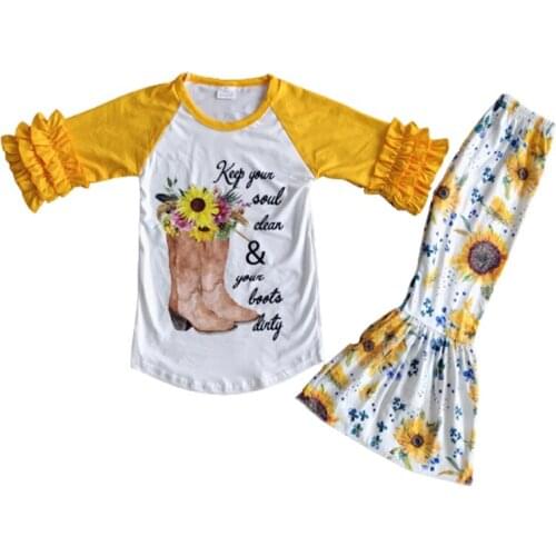 Wholesale baby girl fashion clothing yellow sun flower tie dye shirt flared pants Set Baby Boutique childrens wear20