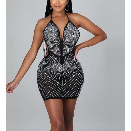 Sexy Diamond Dresses for Womens Halter Backless V Neck High Waisted Bodycon Mini Length Evening Night Club Vestidos Mujer Dress
