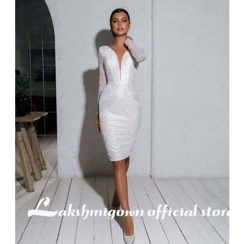 Knee length Long Sleeves short Wedding Dresses V Neck Bling Bling Sequins Plus Size Bridal Gowns vestidos de noiva