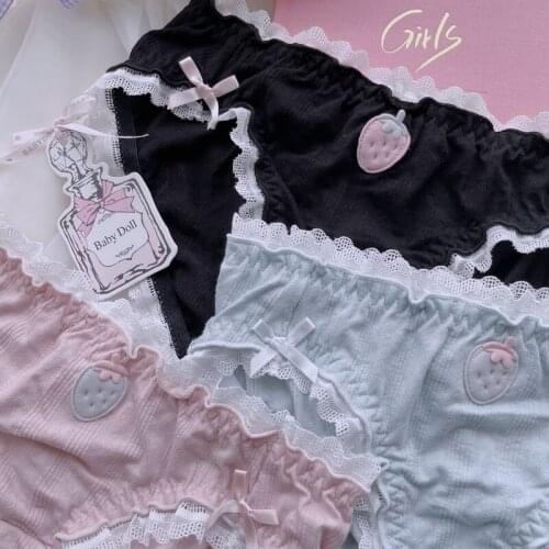 Cute Underwear Black Pink Cotton Strawberry Lace Thong Panties Briefs for Young Women Girls Harajuku Kawaii Lingerie Femme Hot