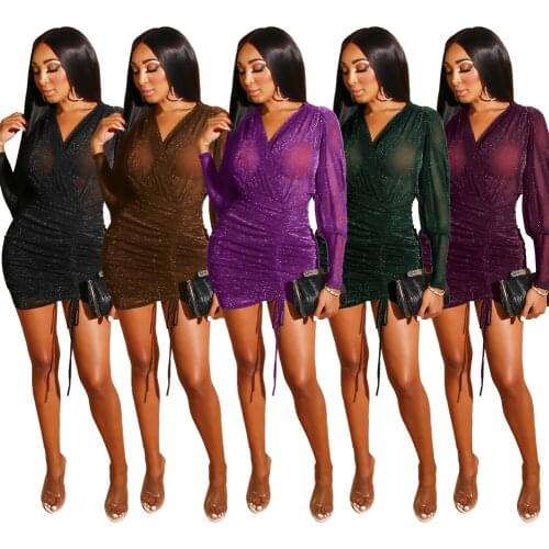 Sexy Mesh Long Sleeve Club Dress Women See Through Drapped Runway Mini Dresses Fall Autumn Spring Clothes Bodycon Party Clubwear