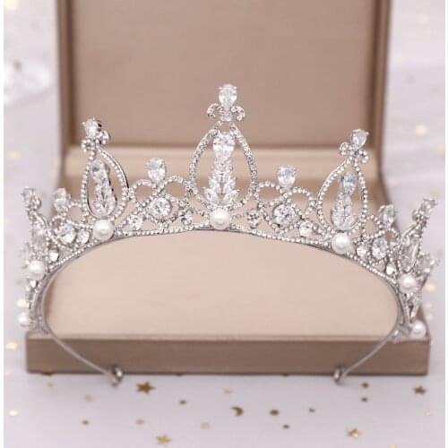 FORSEVEN Silver Color Crystal Simulated Pearls Leaf Tiaras Crowns Diadem Bride Noiva Wedding Party Hair Jewelry Headpieces
