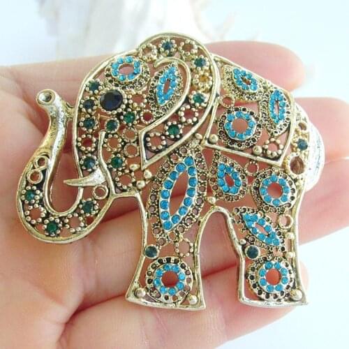 Unique Elephant Brooch Pin Pendant Blue Green Rhinestone Crystal EE05102C4