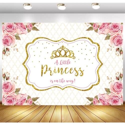 Golden Crown A Little Princess On The Way Photo Backgrounds Pink Rose Flowers Girl Birthday Cake Table Decor Backdrops Vinyl
