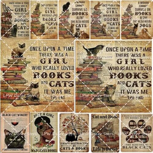 Book and Cat Vintage Tin Logo Metal Sign for Wall Decoration Plaque for Bar Cafe Club Family Bar Home Deco Style Art Painting