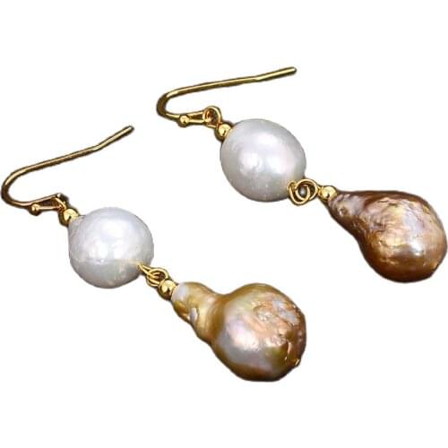 JK 14mm White Lavender Baroque Edison Keshi Pearl Dangle Gold Plated Hook Earrings