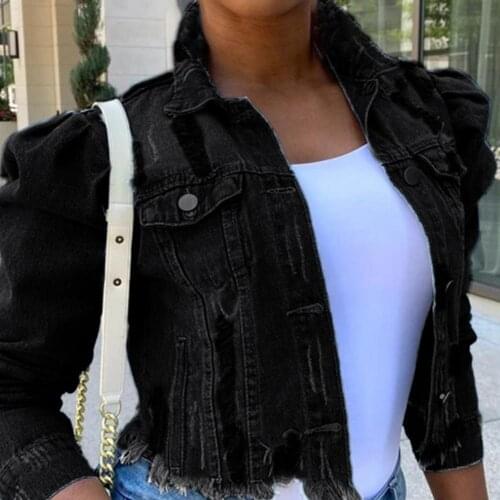 Denim Jacket Women Washed Ripped Long Sleeve Turndown Collar Single-breasted Pockets Slim Jean Coat