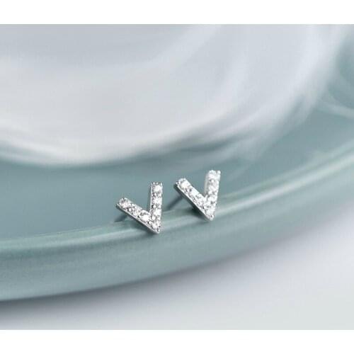BUDROVKY New V Shape Stud Earrings AAA Cubic Zirconia 925 Sterling Silver Jewelry Geometric Ear Nail Wedding Party Glossy Fine J