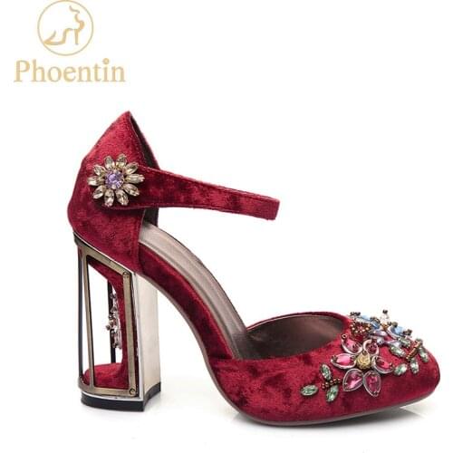 Phoentin crystal flower mary janes women pumps shoes strange high heels 10cm hook & loop handmade rhinestone wedding shoes FT028