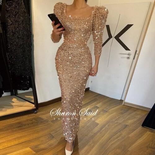 Dubai Rose Gold Long Sleeve Luxury Evening Dress Women for Wedding Party Arabic Gowns Full Beads Muslim Formal Prom Dresses 2021