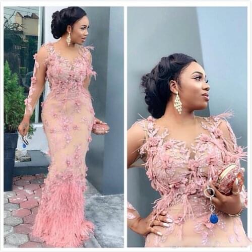 2019 Aso Ebi Arabic Luxurious Lace Beaded Evening Dresses Mermaid Long Sleeves Prom Dresses Feather Formal Party Second Receptio