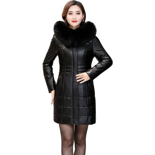 2020 New Plus Size L-8XL Women Leather Coat Winter Mothers Jacket Thicken Warm Fur Collar Hooded Sheepskin Overcoat Female A4