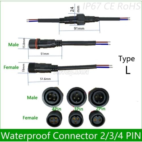 5 pairs Waterproof connector Current 6A/8A/12A 2 pin / 3 pin / 4 pin with wire cable IP67 female male plug 0.75/1.0/1.5.(mm2)
