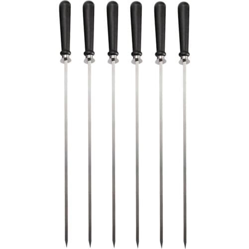 6PCS Long Stainless Steel BBQ Grill Wooden Handle Buckle Outdoor Camping Kebab Barbecue Skewers Tools