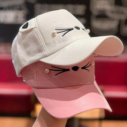 Spring Fashion Brand Street Adjustable Lovely Embroidery Hat Cat Ears Snapback Cap Boy Girl Pearl Baseball Cap