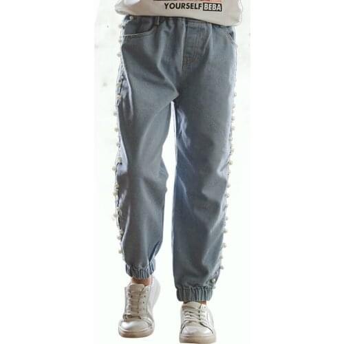 Teenage Jeans For Girls Pearl Decoration Jeans Girls Solid Jeans For Kids School Clothes For Girls 6 8 10 12 14