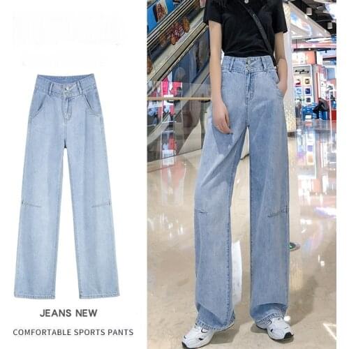 Wide Straight Leg Jeans Woman High Waist Fashion Loose Mop The Floor Thin Pants Washed Pockets Full Length Baggy Mom Jeans 2021