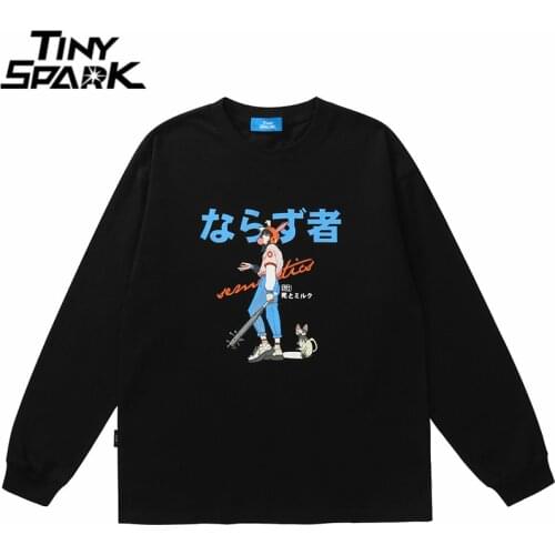 Hip Hop T-Shirt Streetwear Japanese Kanji Girl Cat Print Harajuku Tshirt 2021 Men Autumn Cotton Casual Long Sleeve T Shirt Black
