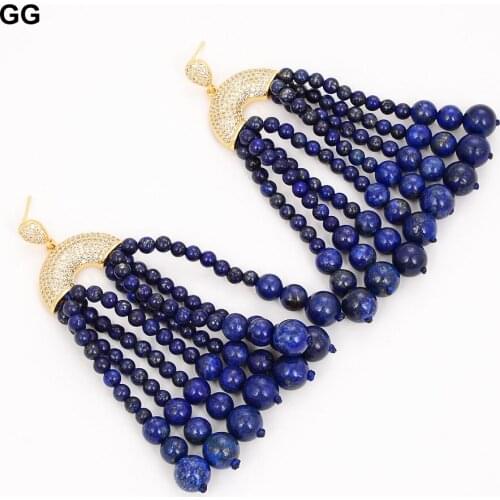 GuaiGuai Jewelry Natural Round Blue Lapis Lazuli Gems Stone CZ Paved Gold Color Plated Earrings For Women