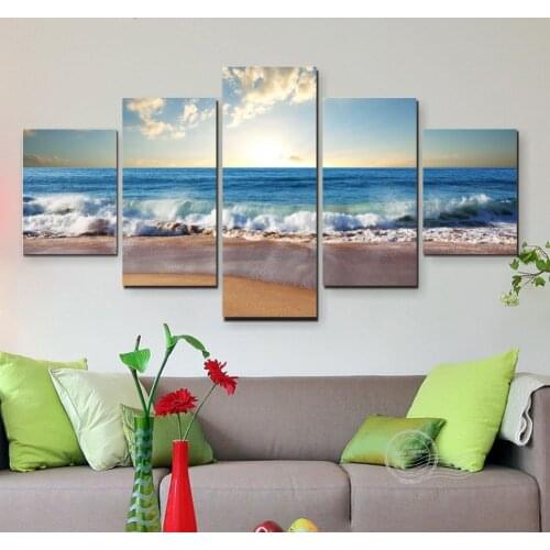 HD Prints Canvas Paintings Posters 5Pcs Sunshine Beach Sea Waves Seascape Pictures Home Wall Art Decor(No Frame)