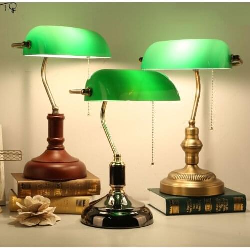 Chinese Classical Retro Bank Table Lamps with Pull Switch Green Glass Desk Lights Home Decor Bedroom Bedside Study Reading Cafe