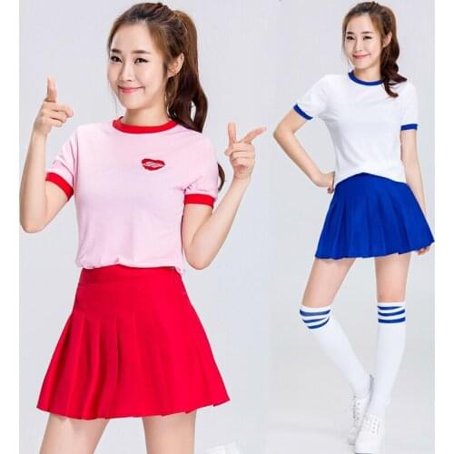 Kpop TWICE cheerleading stage show same white cotton Short-sleeved Round Collar T shirt and sexy loose A-line mini Pleated skirt