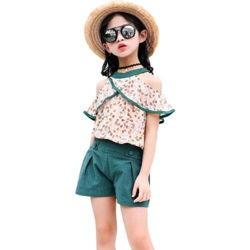 Summer chiffon print teenager 2 pcs set floral t-shirt loose short pants sets 3 - 10 yrs big girls bohemian style beach clothes