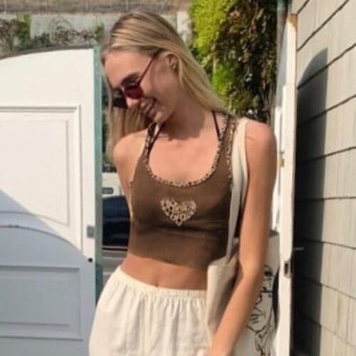 Aesthetic Patchwork Leopard Print Sleeveless Tank Top Women Casual Brown Y2K Crop Tops Tees Ladies Summer Fashion Vest Street