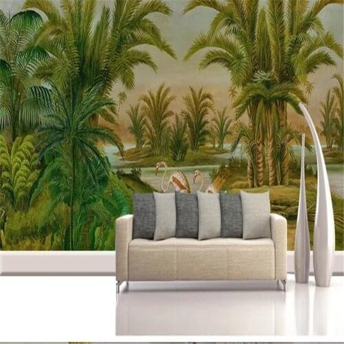 Milofi custom European style retro hand painted tropical plants nostalgic mural wallpaper background wall