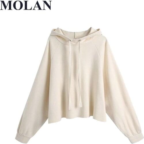 Hooded Women Fashion Oversized With Drawstring Knitted Sweatshirt Vintage Long Sleeve Female High Quality Pullovers Chic Tops