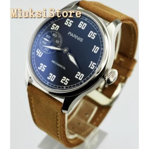 Parnis 44mm silver case black dial luminous 17 jewels 6497 hand winding movement leather strap mens top mechanical watch