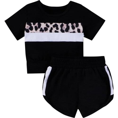 Pudcoco Children’s Short-sleeved Shorts Set Fashion Leopard Stitching Round Neck Tops and Short Pants Baby Girl Clothes Summer