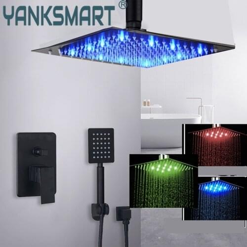 Bathroom Shower Faucet Set Black Brass 8/16 LED Cold and Hot Mixer Tap W/ Waterfall 2-Functions Rainfall Shower Head