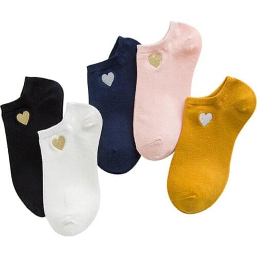 5 Pairs Fashion Womens Cotton Socks Summer Spring Breathable Female Sock Meias Embroidery Golden Love Heart Cute Girl Art Socks