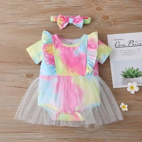 Newborn Baby Girl Dress Clothes Ruffle Tie Dye Print Romper Headband 2Pcs Summer Short Sleeve Outfits Sunsuit for 0-18Months D30